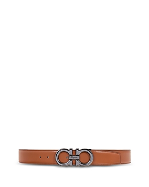 Ferragamo Men's Double Gancini Reversible Leather Belt In New Vicuna/ Nero
