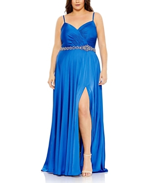 Mac Duggal Blue Beaded Belt Faux Wrap A Line Gown (plus) In Cobalt