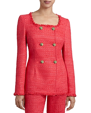 Santorelli Elara Double-breasted Fringe-trim Tweed Jacket In Vermilion