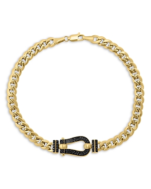Men's Black Diamond Horsebit Curb Link Chain Bracelet in 14 Yellow Gold