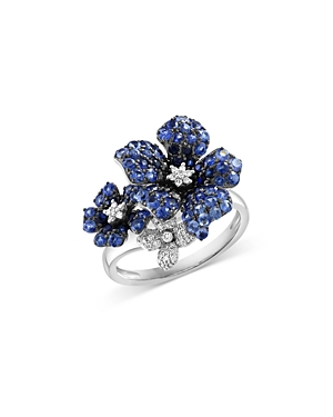 Blue Sapphire & Diamond Triple Flower Statement Ring in 14K White Gold