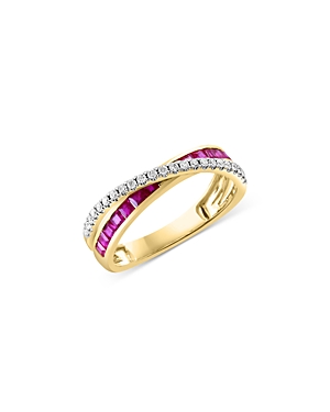 Shop Bloomingdale's Ruby & Diamond Crossover Ring In 14k Yellow Gold In Pink/white