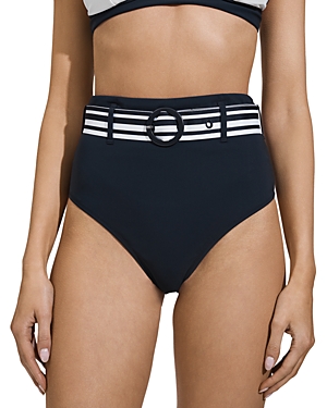 Shop Reiss Jessica High Waist Striped Belt Bikini Bottom In Navy/white
