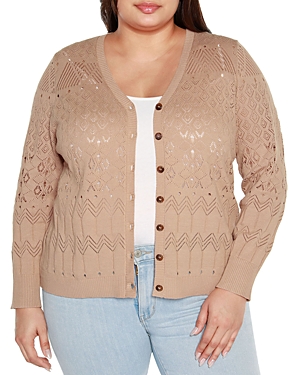 Belldini Plus Pointelle V Neck Cardigan In Toasted Coconut