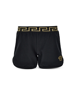 Shop Versace Girls' Greca Waistband Fleece Shorts - Big Kid In Black+gold