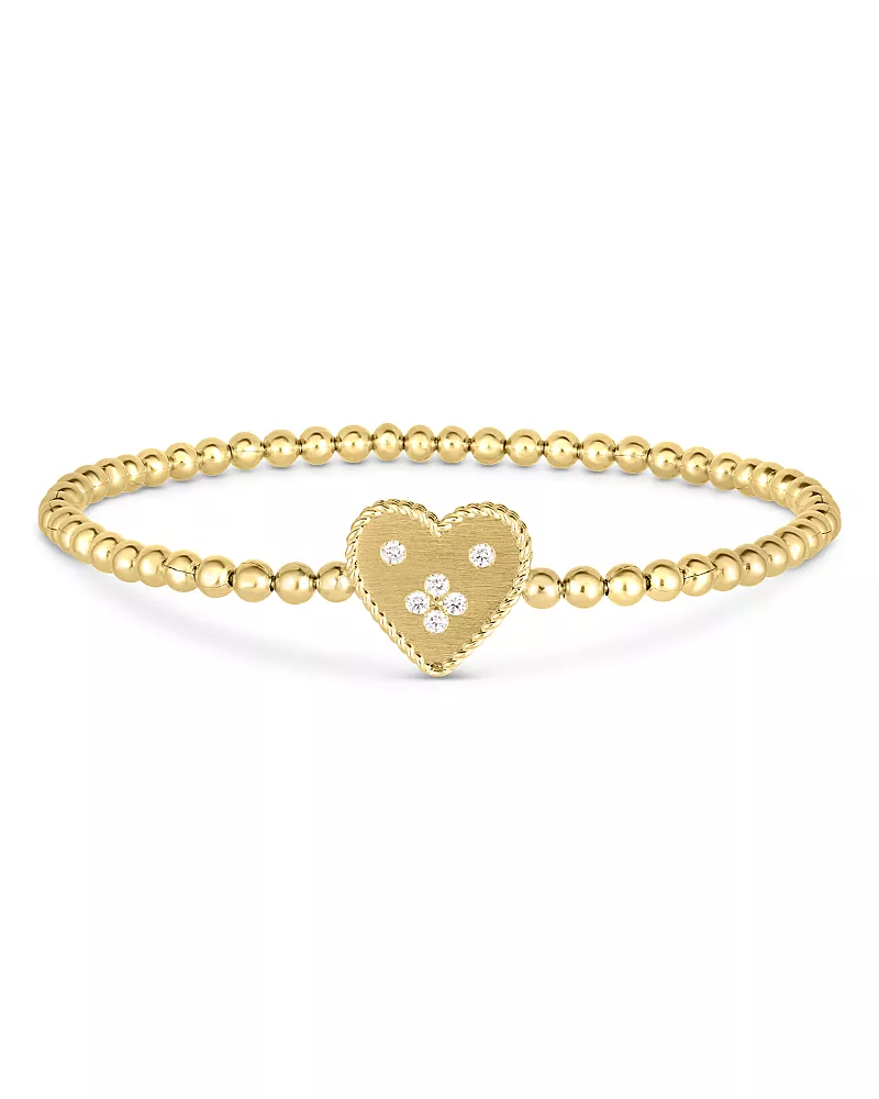 Roberto Coin 18K Yellow Gold Diamond Venetian Princess Small Heart Beaded Stretch Bracelet
