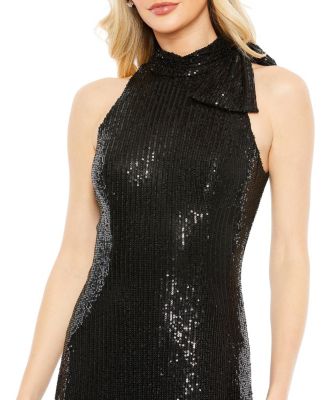 Mac Duggal Sequined Soft Tie Halter Neck Column Gown