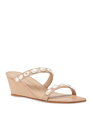 Stuart Weitzman Pearlita Leather Two-band Wedge Sandals In Adobe
