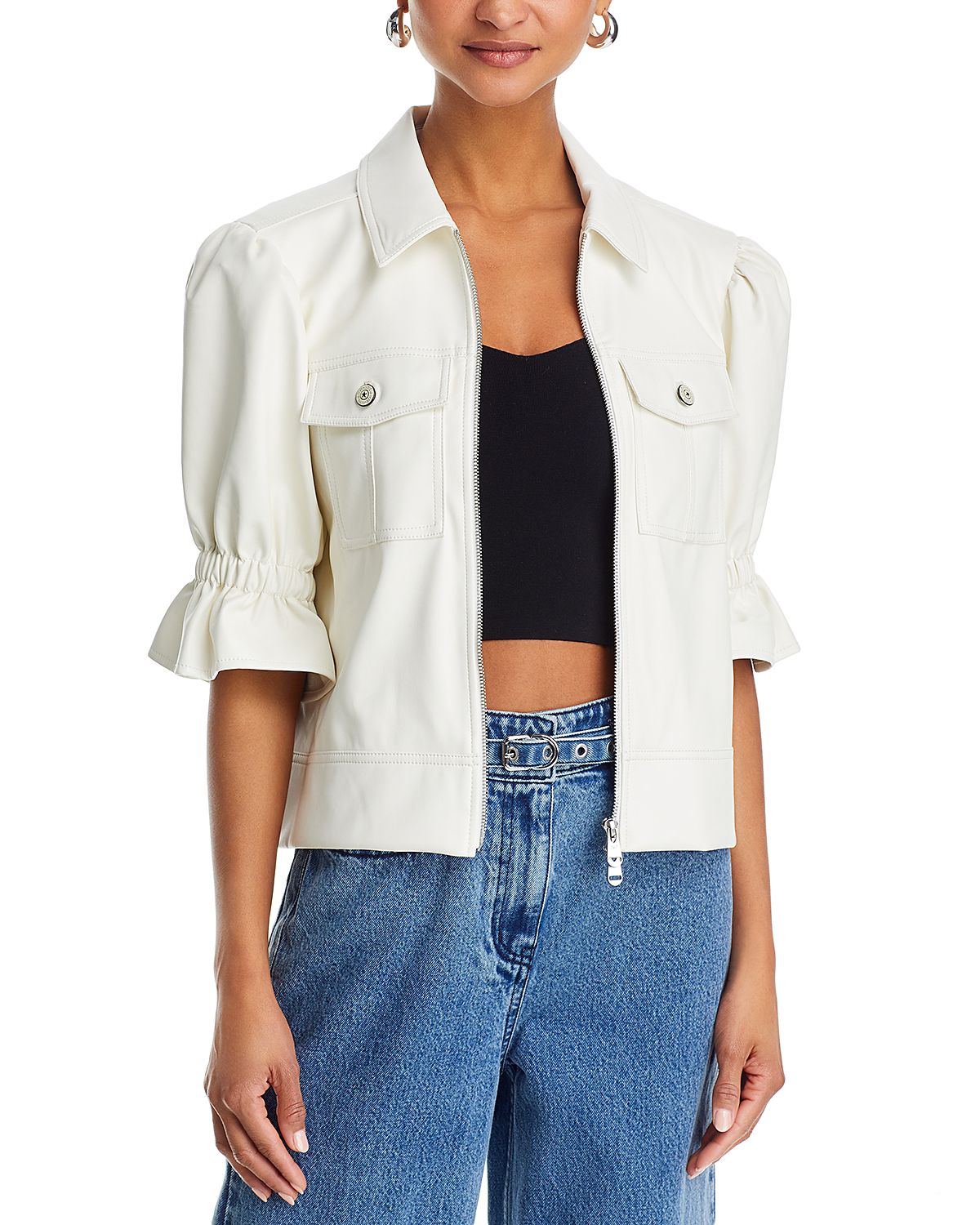 Cinq a Sept Faux Leather Puff Sleeve Jacket