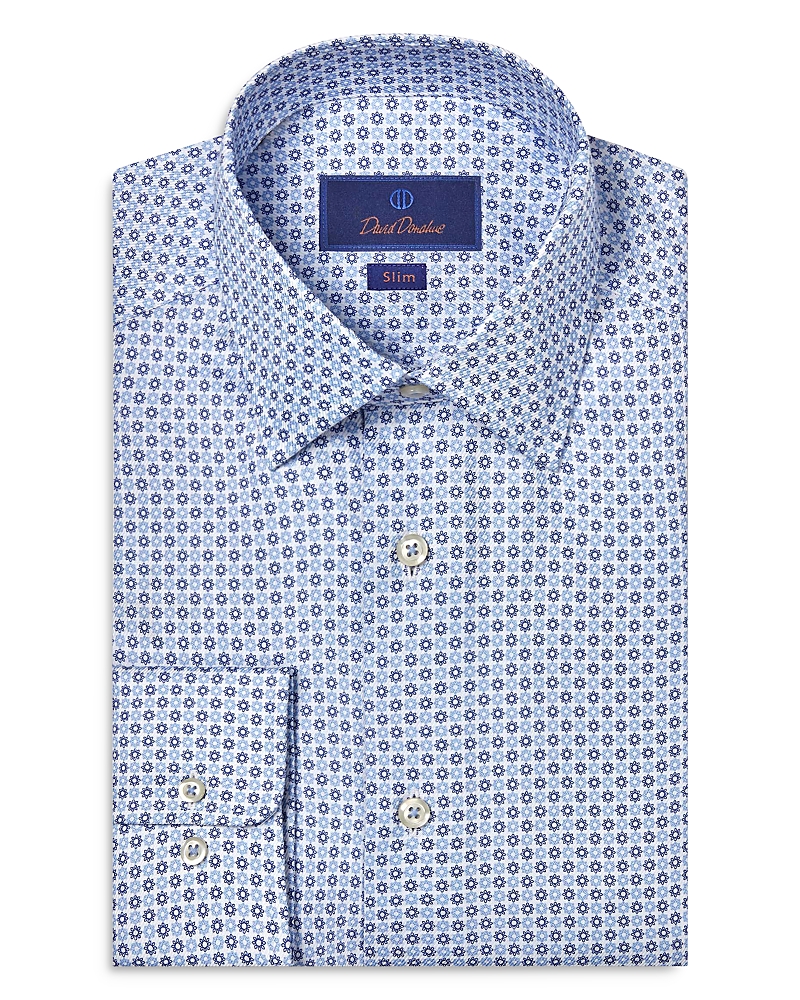 David Donahue Slim Fit Floral Medallion Twill Dress Shirt In Blue