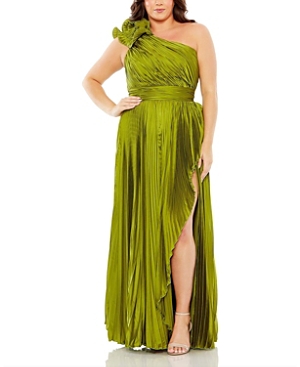 Shop Mac Duggal Pleated One Shoulder Rosette Detail Gown In Apple Green