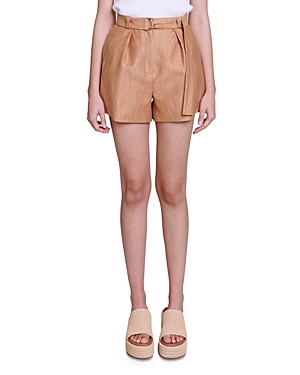 Shop Maje Iostan Mid Rise Linen Blend Shorts In Brown