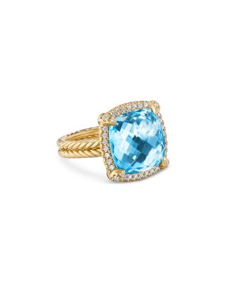 Chatelaine&reg; Pav&eacute; Bezel Ring in 18K Yellow Gold with Blue Topaz and Diamonds, 14mm