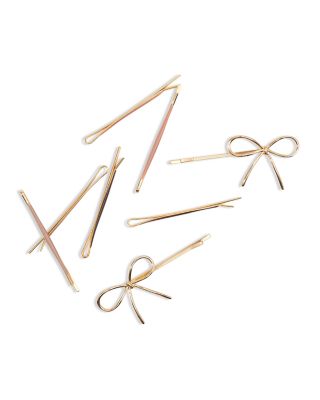 Metal Enamel Puffy &amp; Bow Bobby Pins - Rosewood, Set of 8
