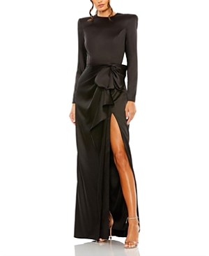 Shop Mac Duggal Long Sleeve Structured Bow Draped Gown In Black