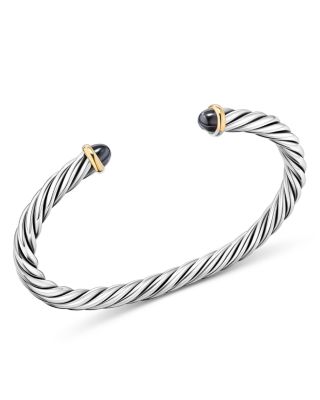 Men's Cable Cuff Bracelet in Sterling Silver with 14K Yellow Gold and Hematine, 6mm