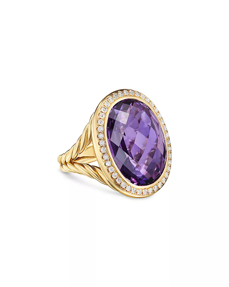 David Yurman Albion Oval Ring in 18K Yellow Gold with Amethyst and Diamonds, 21mm