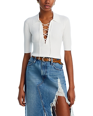Shop Frame Lace Up Sweater Polo Top In Off White