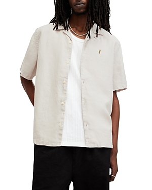 Shop Allsaints Audley Short Sleeved Relaxed Fit Button Down Shirt In Bailey Taupe