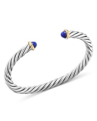 Men's Cable Cuff Bracelet in Sterling Silver with 14K Yellow Gold and Lapis, 6mm