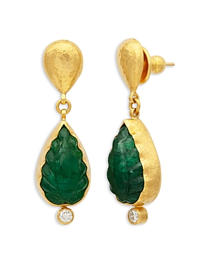 24K Yellow Gold Rune Carved Emerald & Diamond One of a Kind Drop Earrings