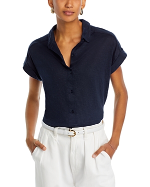 Shop Majestic Linen Blend Button Front Shirt In Marine