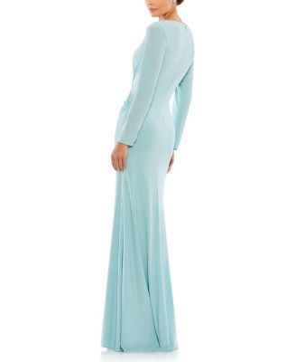 Long Sleeve Ruched Jersey V-Neck Gown