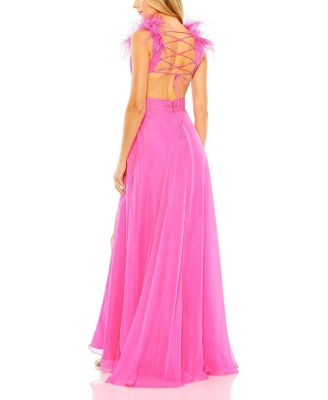 A-Line V Neck Feathered Collar Gown