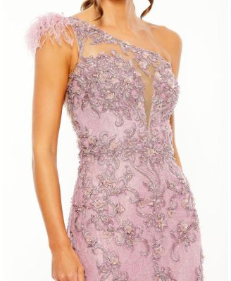 Embroidered Applique Feathered One Shoulder Gown