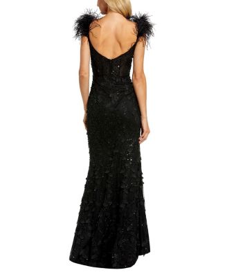 Feather Straps Sheer Applique Bustier Gown