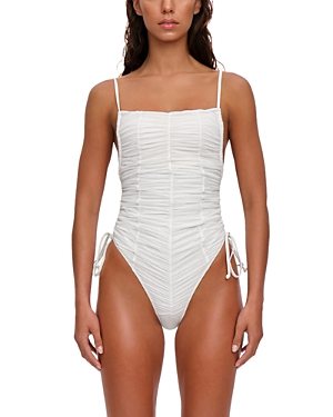Shop Andrea Iyamah Reco Ruched One Piece Swimsuit In Limestone
