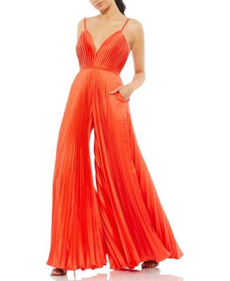 Mac Duggal - Pleated Plunge Neck Wide Leg Jumpsuit