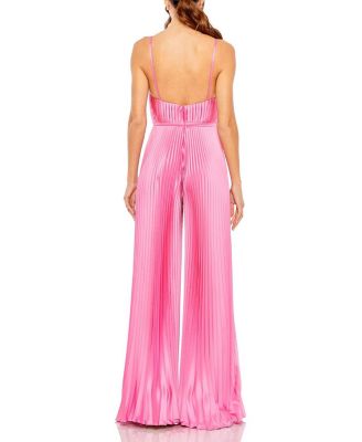 Pleated Plunge Neck Wide Leg Jumpsuit