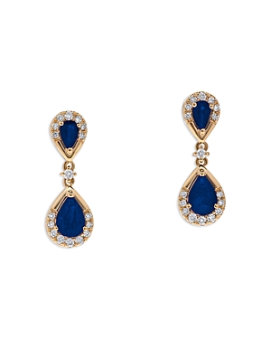 Blue Sapphire & Diamond Halo Drop Earrings in 14K Yellow Gold