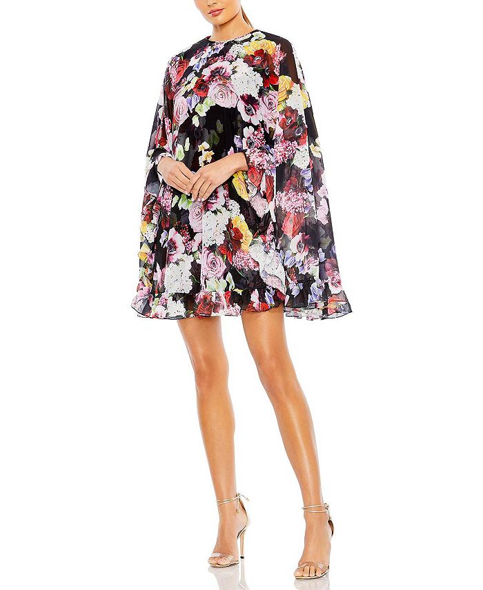Mac Duggal Floral Print High Neck Ruffle Hem Cape Mini Dress ...