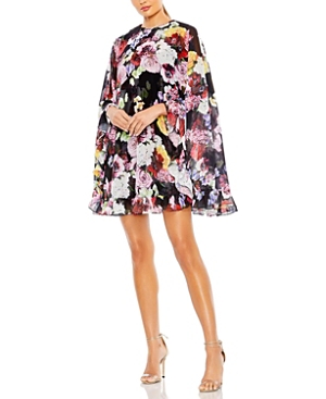 Shop Mac Duggal Floral Print High Neck Ruffle Hem Cape Mini Dress In Multi