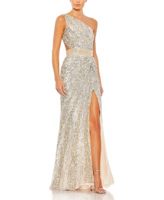  Sequined One Shoulder Draped Lace Up Gown