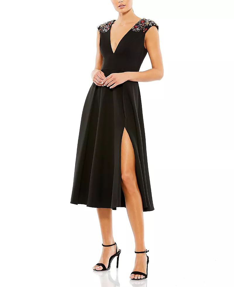 Mac Duggal Women's Beaded Cap Sleeve A Line Midi Dress