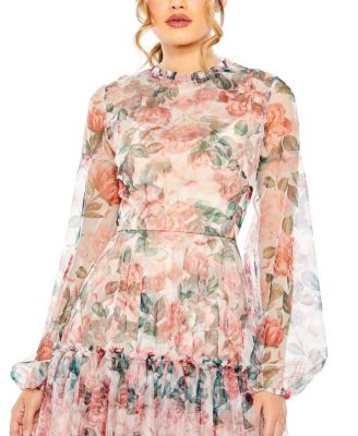 Long Sleeve High Neck Long Balloon Sleeve Midi Dress