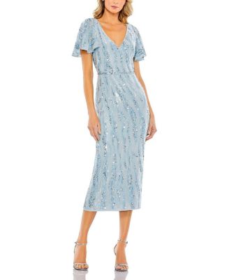 Mac Duggal Sequined V Neck Flutter Sleeve Tea Length Dress | Bloomingdale's