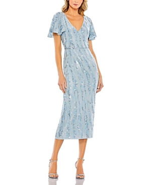 Mac Duggal Sequined V Neck Flutter Sleeve Tea Length Dress