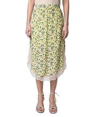 Shop Zadig & Voltaire Joslina Lace Trim Floral Midi Skirt In Cedra