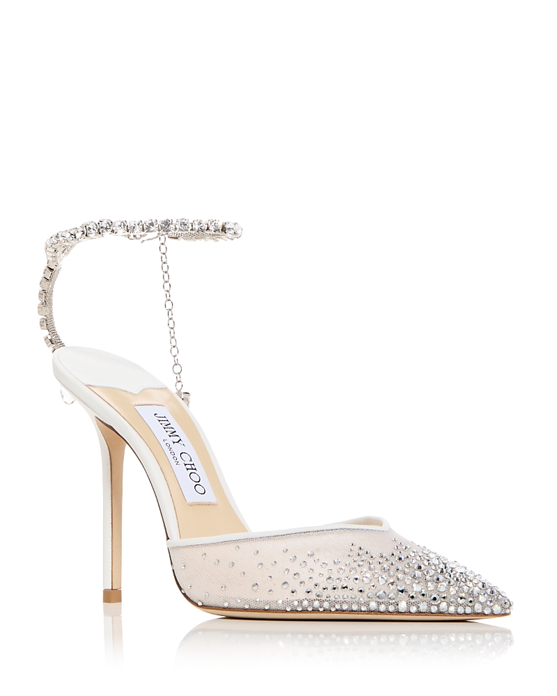 Jimmy Choo Saeda 100 Crystal-embellished Leather-trimmed Mesh Pumps In White/crystal
