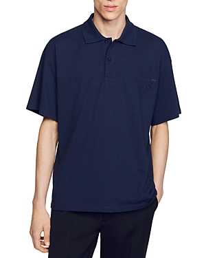 Shop Sandro Cotton Flower Embroidered Polo In Navy Blue