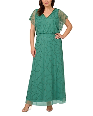 Shop Adrianna Papell Plus Beaded Blouson Gown In Jungle Green