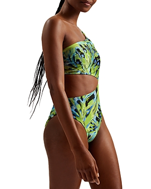 Shop Ted Baker Printed One Shoulder Swimsuit In Lime