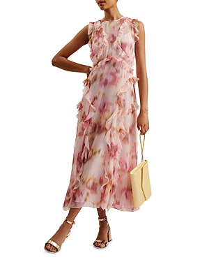Shop Ted Baker Sleeveless Waterfall Ruffled Midi Dress In Light Pink