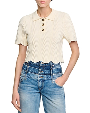 Shop Sandro Campea Wavy Knit Cropped Polo Sweater In White
