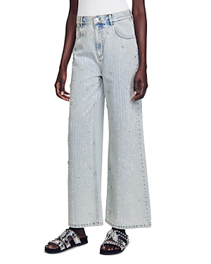 Shop Sandro Indie Rhinestone Wide Leg Jeans In Light Blue Jean