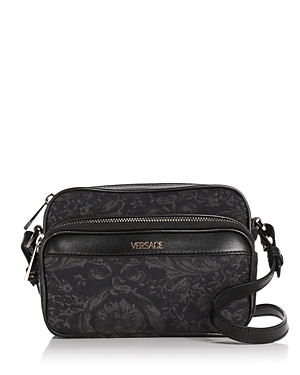 Shop Versace Floral Barocco Jacquard Camera Bag In Black+blac